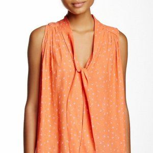 Free People Graphic Tank Blouse Tie Neck Orange Pink Size Small